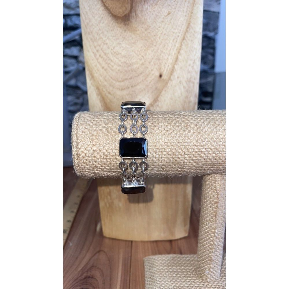 Huge Kalibre Harlene Korey Signed Sterling Silver & 5 Dark Amethyst Bracelet